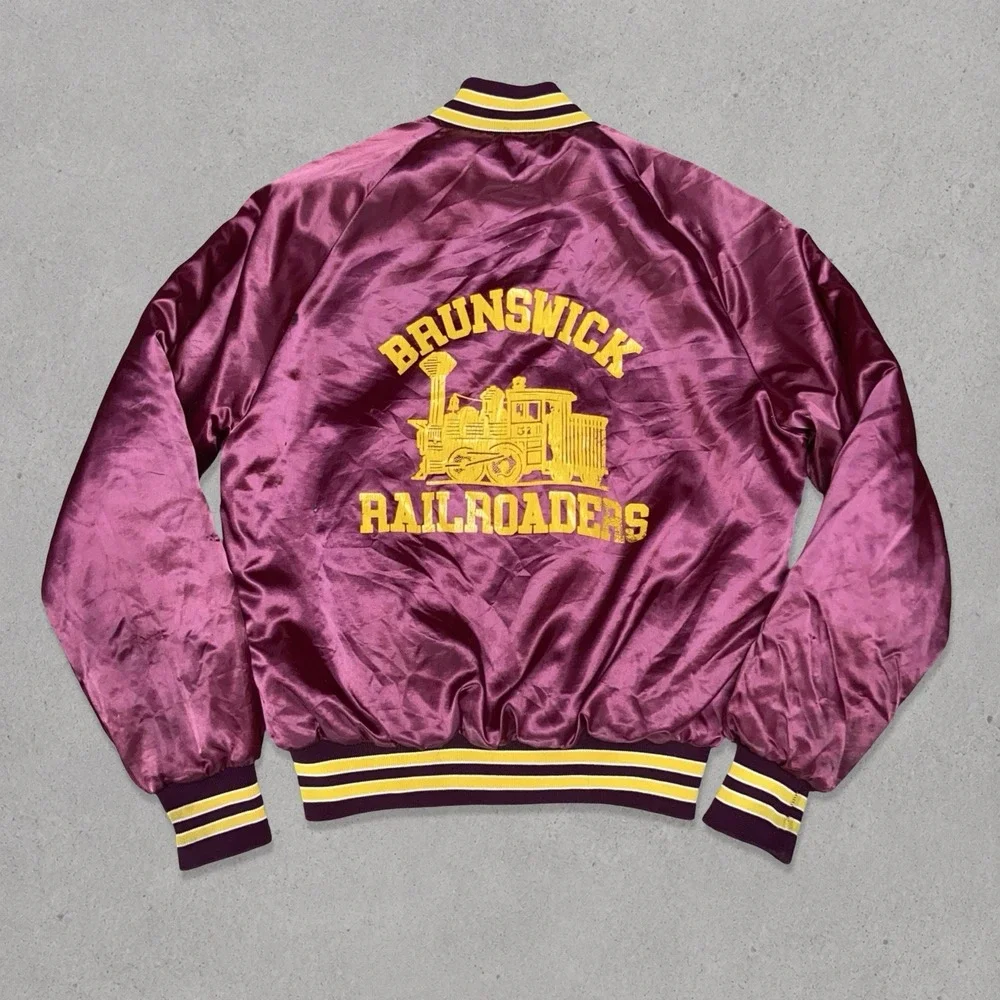 VTG 70s 80s Brunswick Railroaders Satin Bomber Jacket XS Burgundy USA King Louie